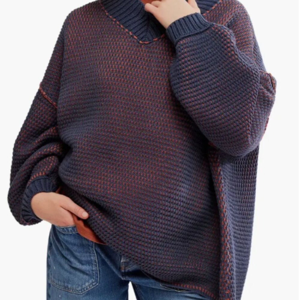 Free People Chunky Knit Sweater in Navy with Rust Highlights